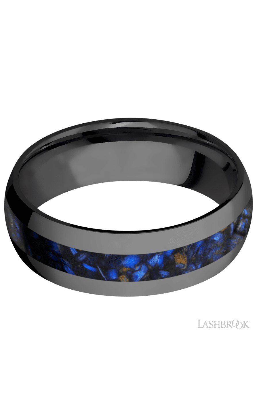 7 mm wide/Domed/Zirconium band with one 3 mm Centered inlay of Blue Tiger Eye.