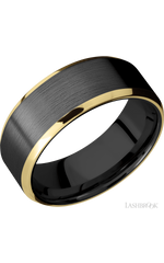 8 mm wide/Beveled/Zirconium band with two 1 mm Edge inlays of 14K Yellow Gold.