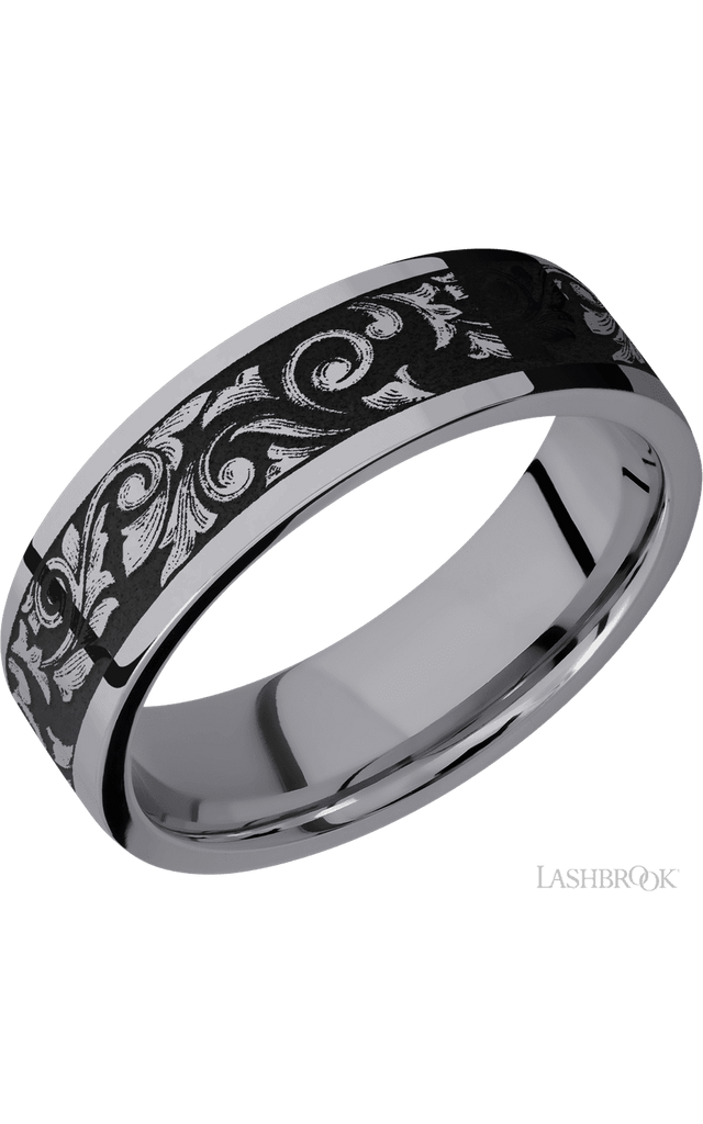 7 mm wide/Flat/Tantalum band with a laser carved Western Scroll pattern.