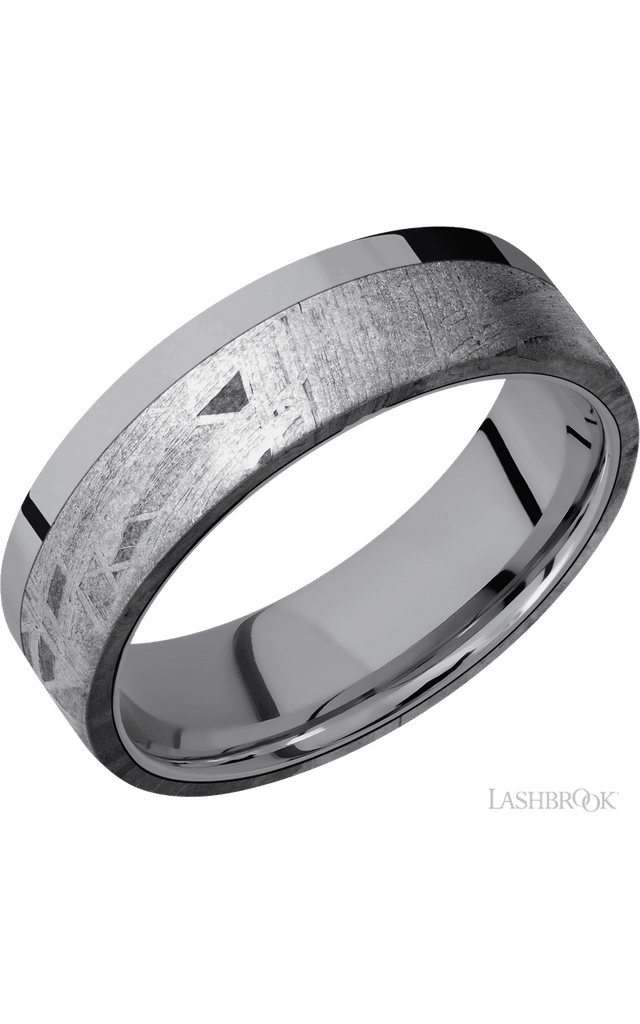 7 mm wide/Flat/Tantalum band with one 5 mm Off Center Edge inlay of Meteorite.