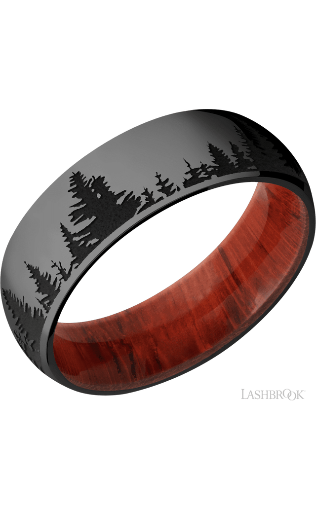 7 mm wide/Domed/Zirconium band with a laser carved Trees pattern also featuring a Padauk sleeve.