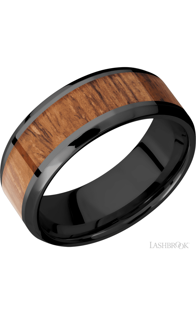 8 mm wide/Beveled/Zirconium band with one 5 mm Centered inlay of Desert Iron Wood.