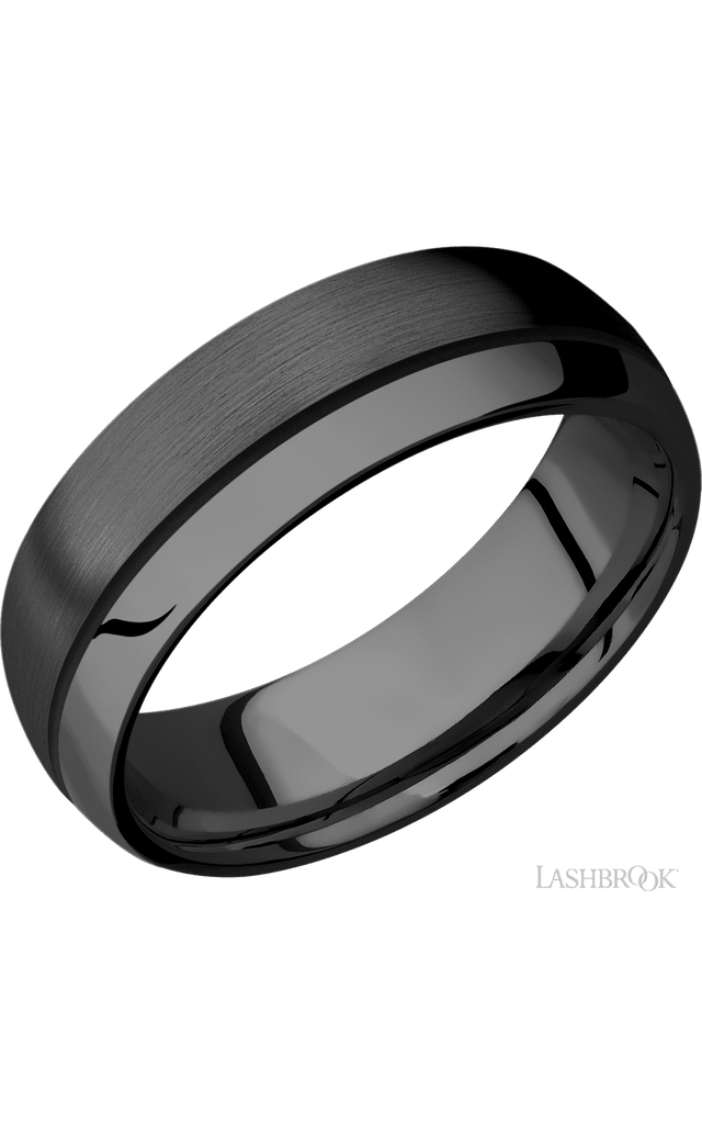 7 mm wide/Domed/Zirconium band with one 0.5 mm Off Center inlay of Black.