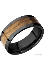 8 mm wide/Flat/Zirconium band with one 5 mm Centered inlay of Whiskey Barrel.