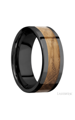 8 mm wide/Flat/Zirconium band with one 5 mm Centered inlay of Whiskey Barrel.