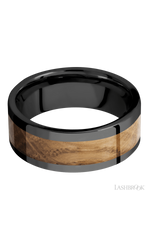 8 mm wide/Flat/Zirconium band with one 5 mm Centered inlay of Whiskey Barrel.