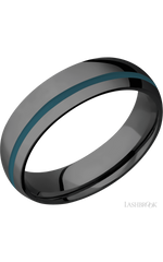 6 mm wide/Domed/Zirconium band with one 1 mm Off Center inlay of Ridgeway Blue.