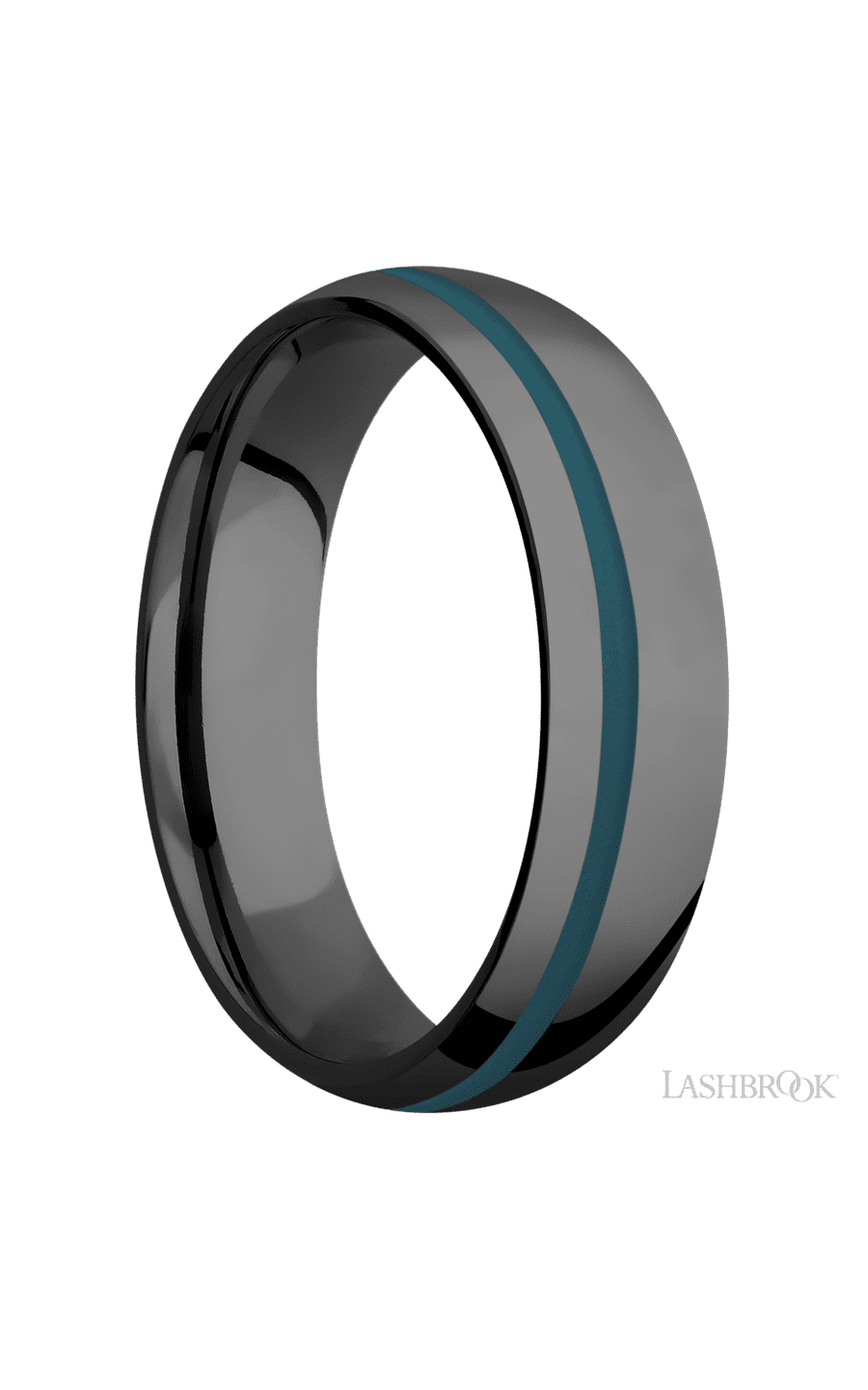 6 mm wide/Domed/Zirconium band with one 1 mm Off Center inlay of Ridgeway Blue.