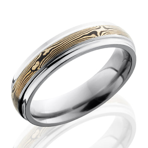 Style 103510: Titanium 5mm Domed Band with Grooved Edges and 14KW and Shakudo Mokume