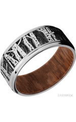 9 mm wide/Flat Grooved Edges/Cobalt Chrome band with a laser carved Aspen pattern also featuring a Leopard Wood sleeve.