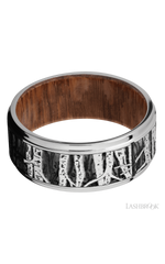 9 mm wide/Flat Grooved Edges/Cobalt Chrome band with a laser carved Aspen pattern also featuring a Leopard Wood sleeve.