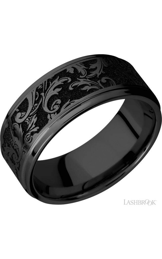 9 mm wide/Flat Grooved Edges/Zirconium band with a laser carved Black Leaf pattern.