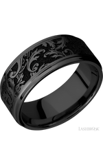 9 mm wide/Flat Grooved Edges/Zirconium band with a laser carved Black Leaf pattern.