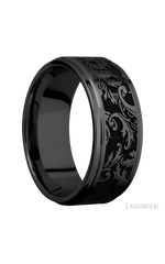 9 mm wide/Flat Grooved Edges/Zirconium band with a laser carved Black Leaf pattern.