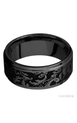 9 mm wide/Flat Grooved Edges/Zirconium band with a laser carved Black Leaf pattern.