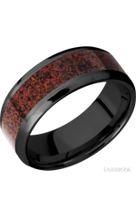 8 mm wide/Beveled/Zirconium band with one 5 mm Centered inlay of Dinosaur Bone Red.