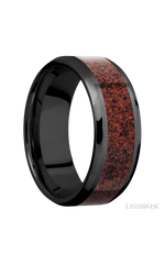 8 mm wide/Beveled/Zirconium band with one 5 mm Centered inlay of Dinosaur Bone Red.