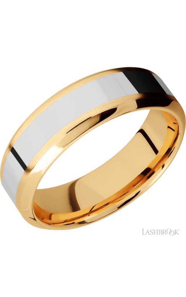 7 mm wide/High Bevel/14K Yellow Gold band with one 3 mm Centered inlay of 14K White Gold.