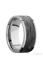 9 mm wide/Flat/Titanium band with one 7 mm Centered inlay of Forged Carbon Fiber.