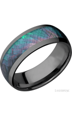 8 mm wide/Domed/Zirconium band with one 5 mm Centered inlay of Black Mother of Pearl.
