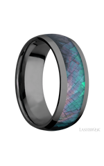 8 mm wide/Domed/Zirconium band with one 5 mm Centered inlay of Black Mother of Pearl.