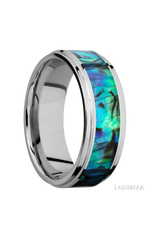 8 mm wide/Flat Grooved Edges/Cobalt Chrome band with one 5 mm Centered inlay of Abalone.