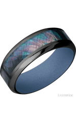 8 mm wide/High Bevel/Zirconium band with one 4 mm Centered inlay of Black Mother of Pearl also featuring a Crushed Orchid sleeve.