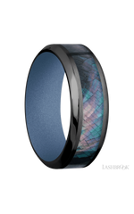 8 mm wide/High Bevel/Zirconium band with one 4 mm Centered inlay of Black Mother of Pearl also featuring a Crushed Orchid sleeve.