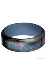 8 mm wide/High Bevel/Zirconium band with one 4 mm Centered inlay of Black Mother of Pearl also featuring a Crushed Orchid sleeve.