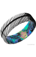 7 mm wide/Beveled/Woodgrain band with one 1 mm Centered inlay of Black also featuring a Abalone sleeve.