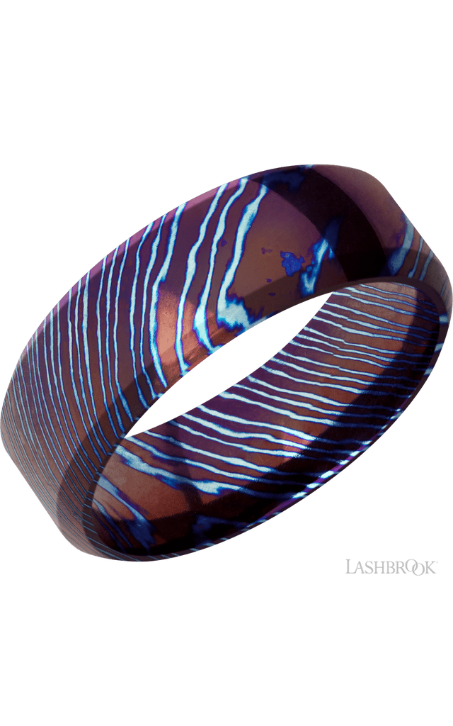 8 mm wide High Bevel Titanium Damascus band.