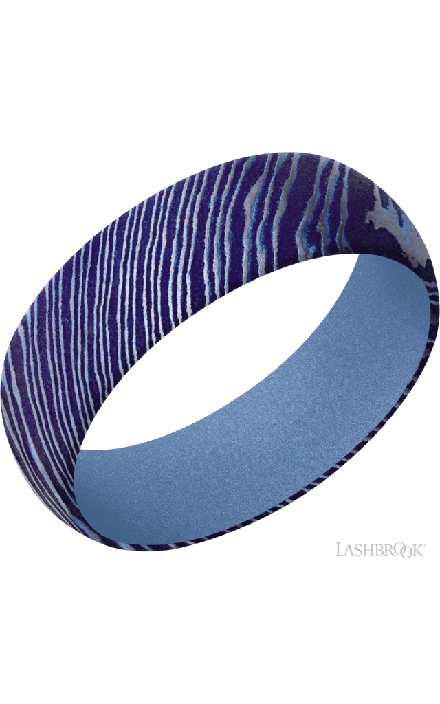7 mm wide Domed Titanium Damascus band featuring a Crushed Orchid sleeve.
