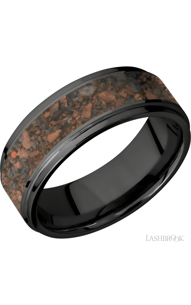 8 mm wide/Flat Grooved Edges/Zirconium band with one 5 mm Centered inlay of Desert Jasper.