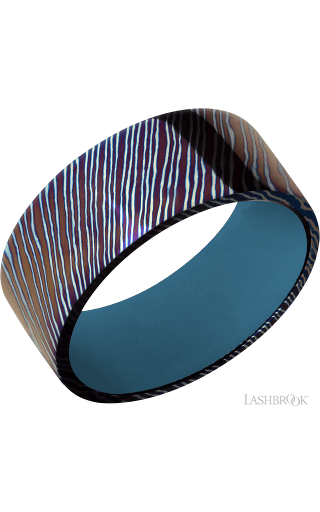 9 mm wide Flat Titanium Damascus band featuring a Royal Blue sleeve.