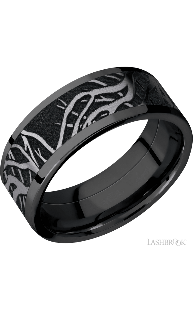 8 mm wide/Flat/Zirconium band with one 6 mm Centered inlay of Tantalum with a laser carved Branches pattern.