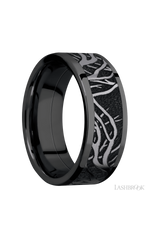 8 mm wide/Flat/Zirconium band with one 6 mm Centered inlay of Tantalum with a laser carved Branches pattern.