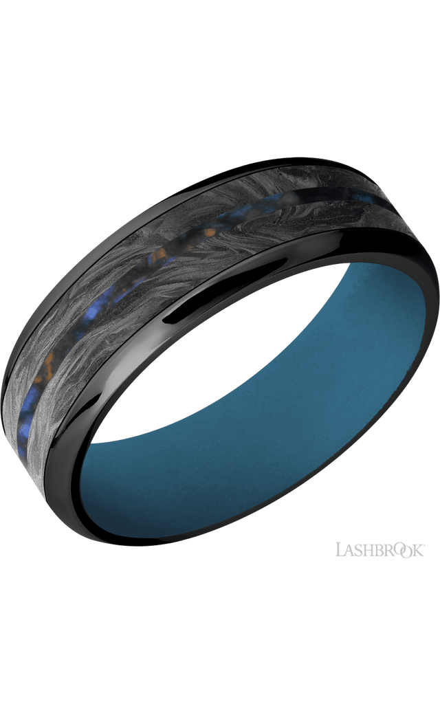 7 mm wide/Beveled/Zirconium band featuring inlays of Forged Carbon Fiber and Blue Tiger Eye also featuring a Royal Blue sleeve.