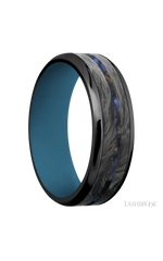 7 mm wide/Beveled/Zirconium band featuring inlays of Forged Carbon Fiber and Blue Tiger Eye also featuring a Royal Blue sleeve.