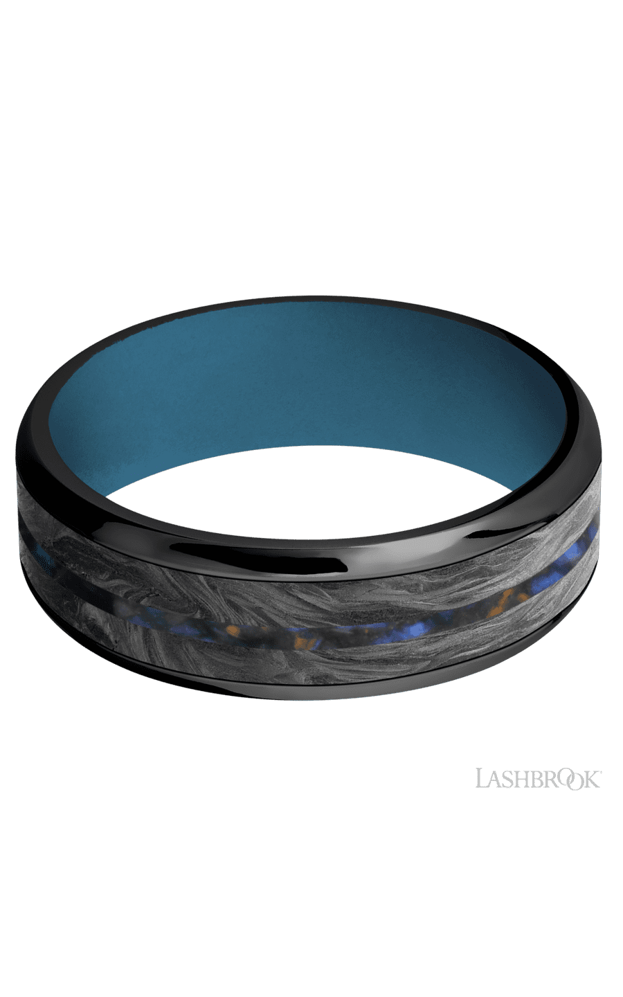 7 mm wide/Beveled/Zirconium band featuring inlays of Forged Carbon Fiber and Blue Tiger Eye also featuring a Royal Blue sleeve.