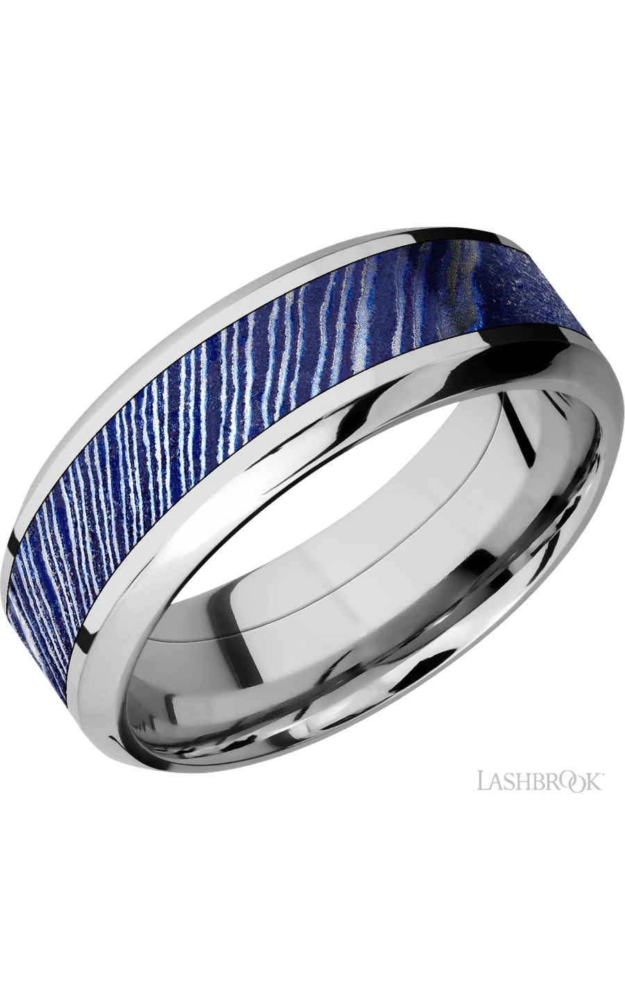 8 mm wide/High Bevel/Cobalt Chrome band with one 4 mm Centered inlay of Titanium Damascus.