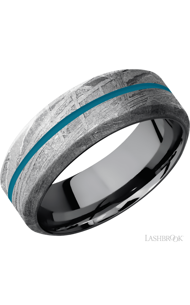 8 mm wide/High Bevel/Meteorite band with one 1 mm Centered inlay of Sea Blue also featuring a Tantalum sleeve.