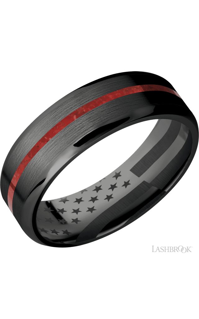 7 mm wide/Beveled/Zirconium band with one 1 mm Centered inlay of Coral.