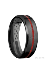 7 mm wide/Beveled/Zirconium band with one 1 mm Centered inlay of Coral.