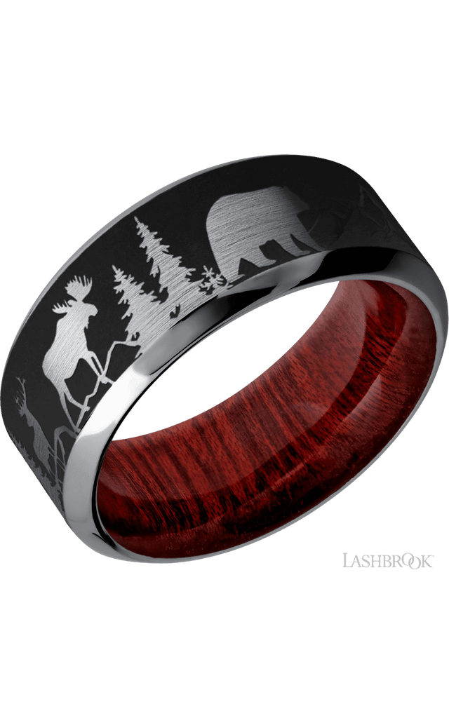 9 mm wide/High Bevel/Tantalum band with a laser carved Bear Moose Deer Mountain pattern also featuring a Blood Wood sleeve.