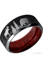 9 mm wide/High Bevel/Tantalum band with a laser carved Bear Moose Deer Mountain pattern also featuring a Blood Wood sleeve.