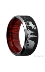 9 mm wide/High Bevel/Tantalum band with a laser carved Bear Moose Deer Mountain pattern also featuring a Blood Wood sleeve.