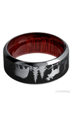 9 mm wide/High Bevel/Tantalum band with a laser carved Bear Moose Deer Mountain pattern also featuring a Blood Wood sleeve.