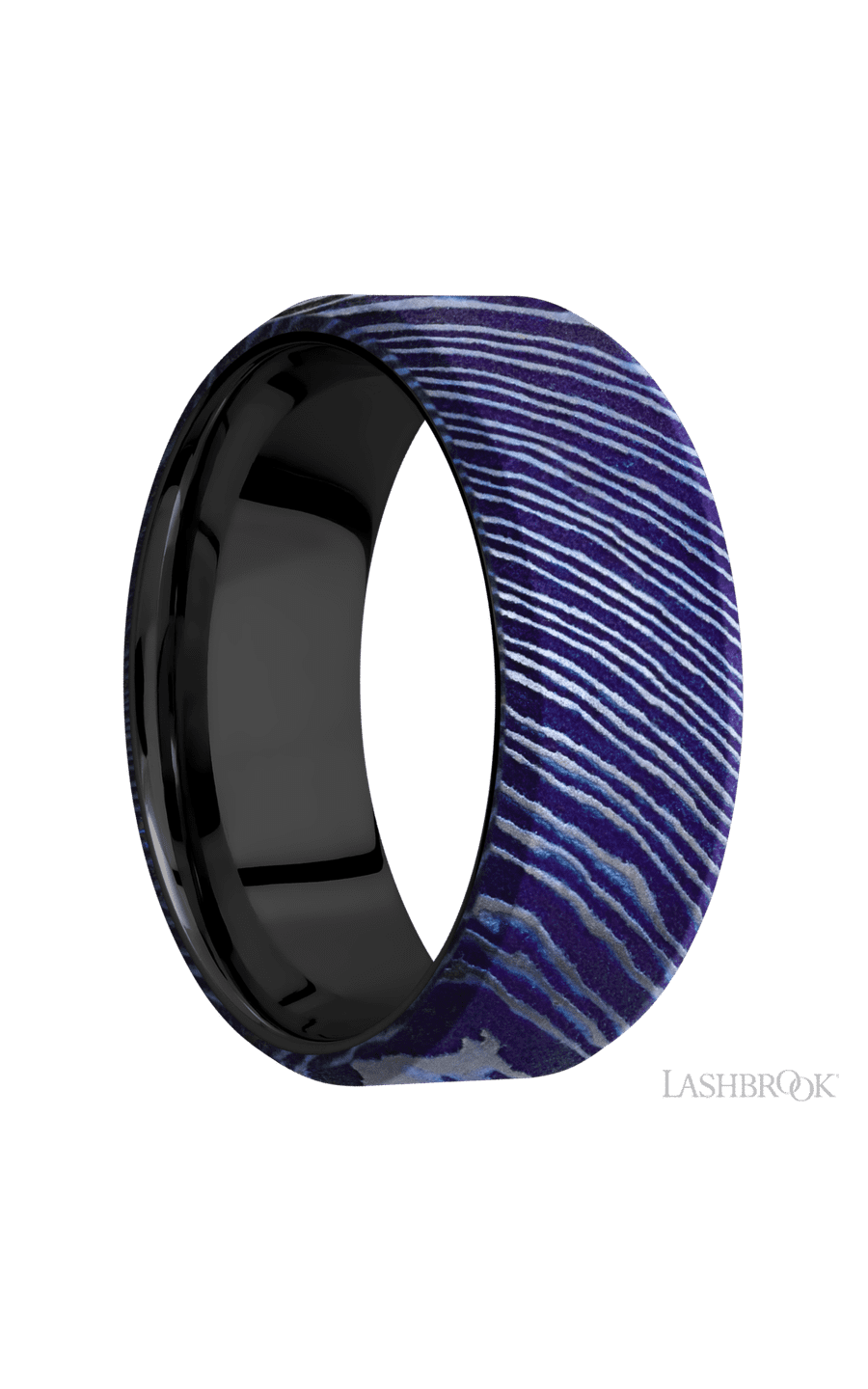 8 mm wide Beveled Titanium Damascus band featuring a Zirconium sleeve.