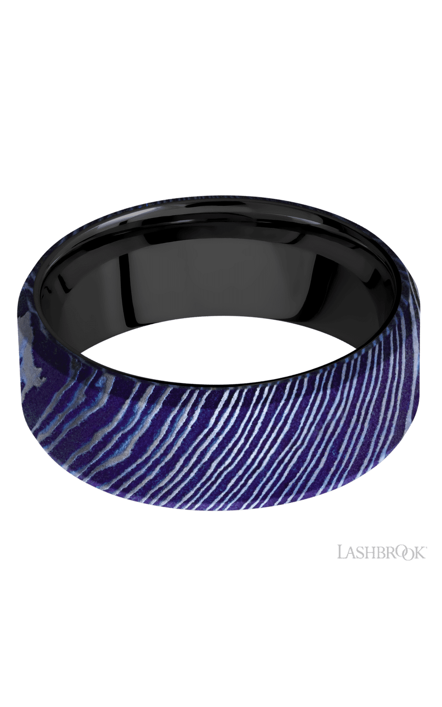8 mm wide Beveled Titanium Damascus band featuring a Zirconium sleeve.