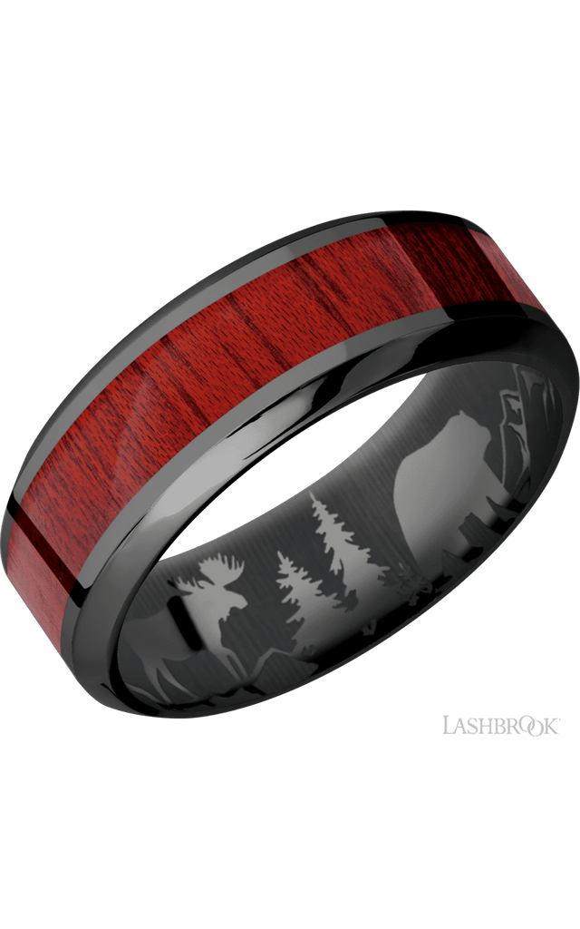 8 mm wide/High Bevel/Zirconium band with one 4 mm Centered inlay of Blood Wood.